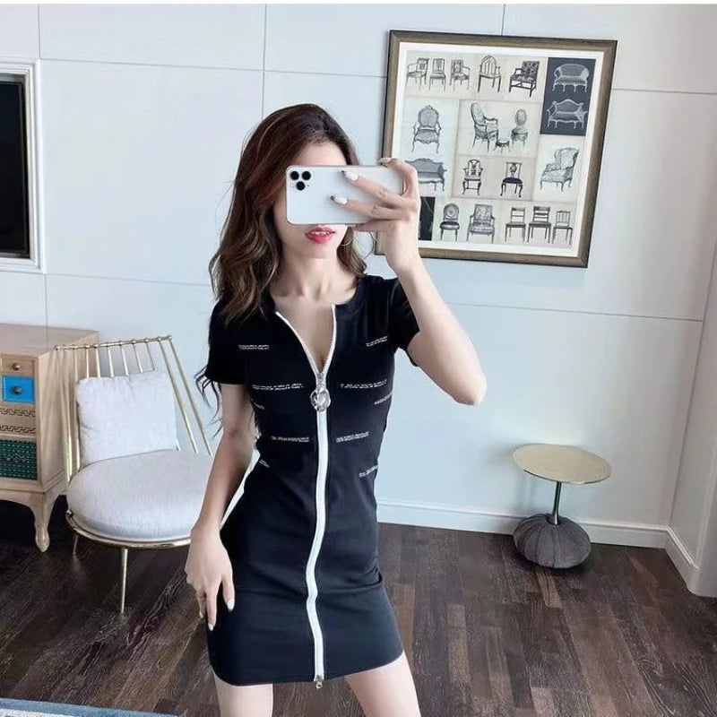 Spring/Summer 2024 V-Neck Zipper Skirt Letter Print Sexy Night Shop Dress Women's Deep V Low Cut Fashion Dress - Seprincess