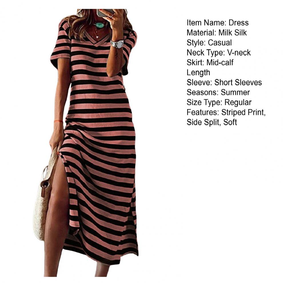 Summer Dresses 2023 Woman Plus Size Dresses For Women Casual Stripe Print V-neck Short Sleeve Loose Long Dress Robe Femme - Seprincess