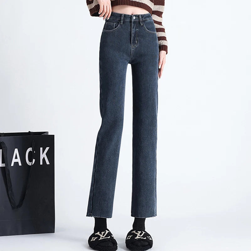 New Straight Denim Jeans Plus Velvet Autumn Winter Micro brushed Edge Elastic Pants High Waist Elastic Fleece Women's Trousers