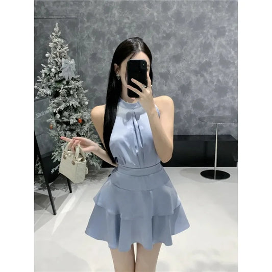 Two Piece Set Women Y2k Crop Tank Tops Loose Solid Fashion Camis Sleeveless Blouse High Waist Skirts Elegant Suits Ladies Korean - Seprincess