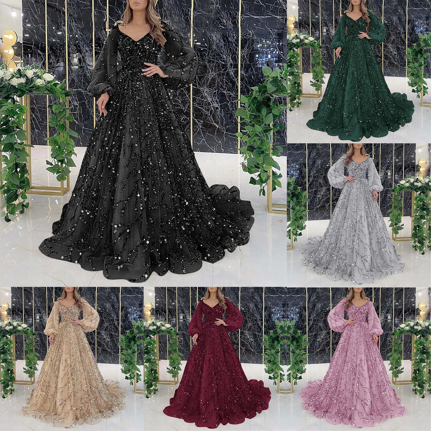 Women's Elegant Cocktail Party Dress Sequins Mesh Evening Dress Long Lantern Sleeve V-Neck Floor Length Luxury Dresses 2024 - Seprincess