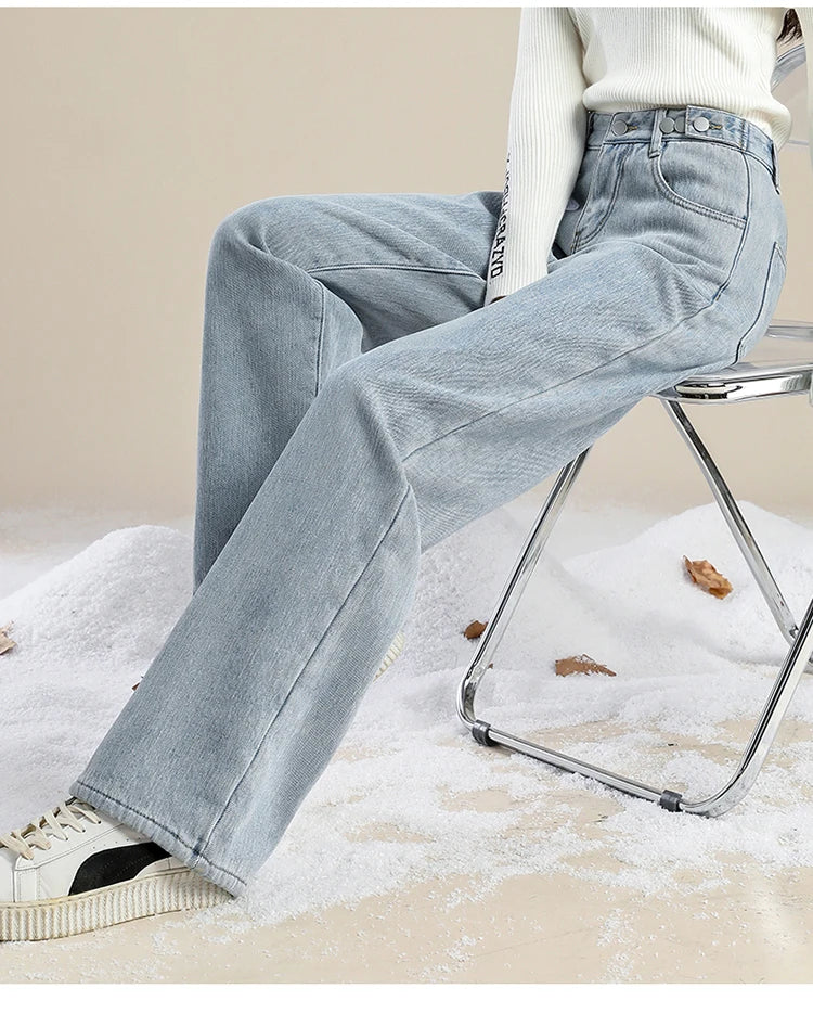 Women Pants 2023 Winter Fashion Korean Edition New Style Versatile High Waist Straight Cylinder Thick Fleece Wide Leg Jeans