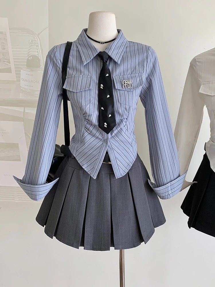 Women JK Preppy Y2k Gyaru Kpop 2000s Outfits 2 Piece Set Long Sleeve Shirts With Tie Crop Tops + Mini Pleated Skirts With Belt - Seprincess