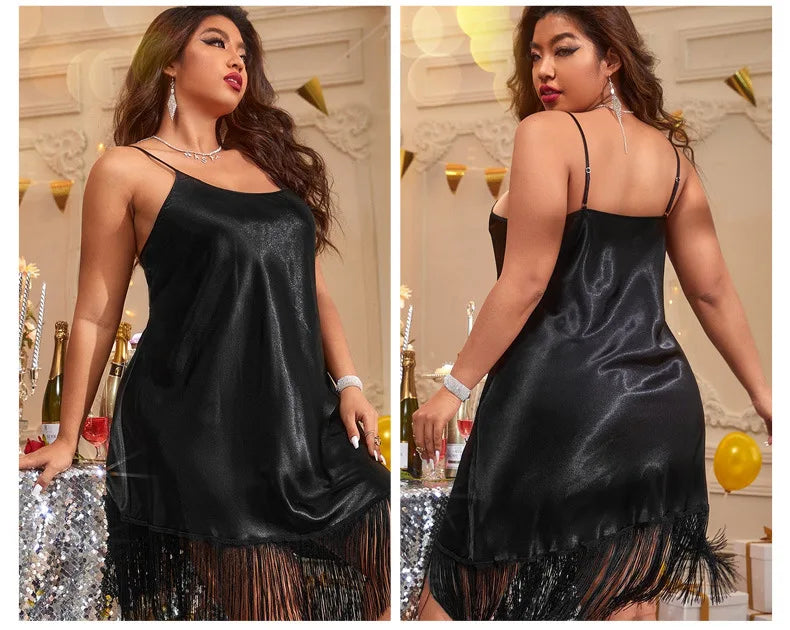 Plus Size 5XL Female Nightgown Sleepwear Sexy Black Tassels Spaghetti Strap Nightdress Nightwear Loose Silk Satin Home Dress - Seprincess