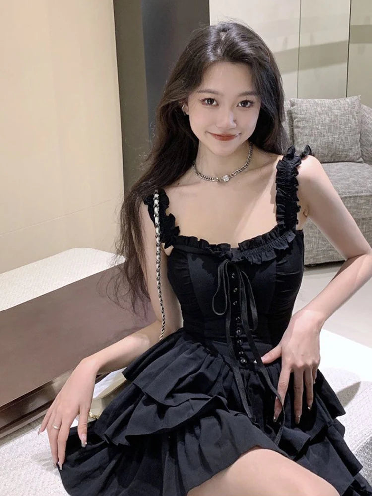 Jmprs Sexy Slip Lolita Style Black Dress Women Vintage Sleeveless Y2K Mini Dress Summer Slim Sweet Korean Lace Up Cake Dress New - Seprincess