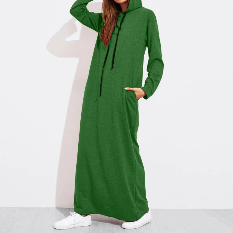 Celmia 2024 Autumn Women Hooded Maxi Dress Casual Solid Long Sleeve Pockets Party Hoodies Dress Long Vestido Robe Drawstring - Seprincess