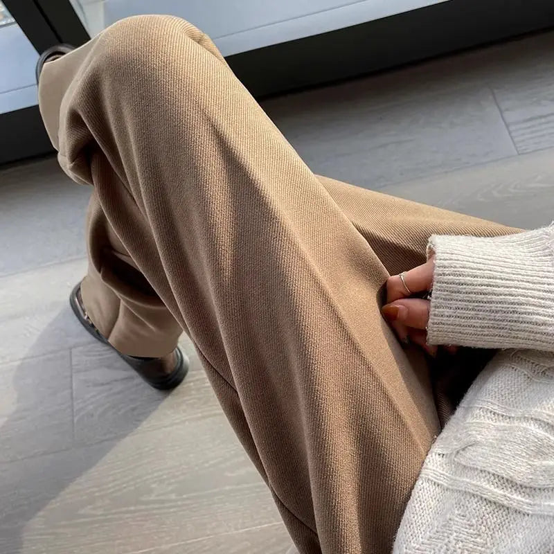 Simplicity Autumn Women Woolen Suit Pants Solid Pockets Button Elastic High Waist Fashion Straight Thicken Ankle Length Trousers