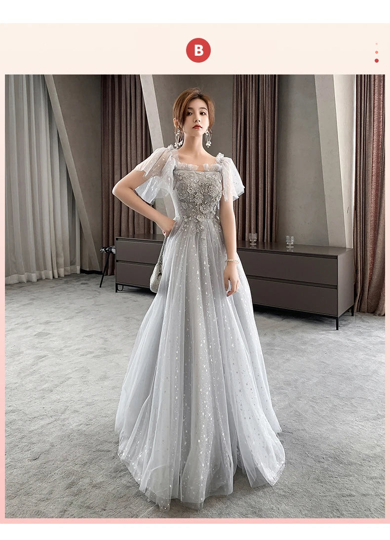 Grey Bridesmaid Dresses Elegant Women Applique Off The Shoulder Floor Length Tulle Wedding Party Dress Formal Prom Gowns - Seprincess