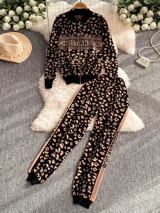 Chic Fashion Korean 2PC Suits Ladies O-Neck leopard-print Knitting Cardigan+High Waist Wide Legs Pants Basic Casual Sets - Seprincess