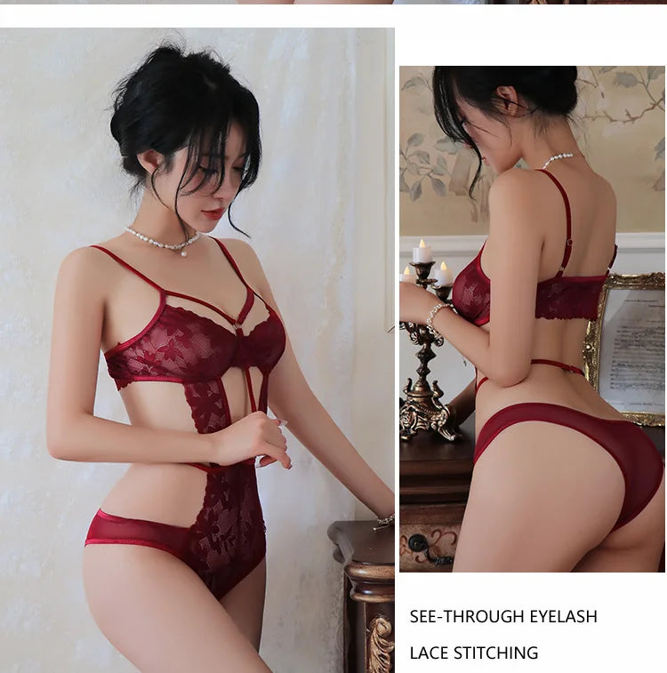 Bodysuit Lace tight suspender hollowed out mesh see through embroidery Women's pajamas body sexy sissyfikation sexy for woman - Seprincess