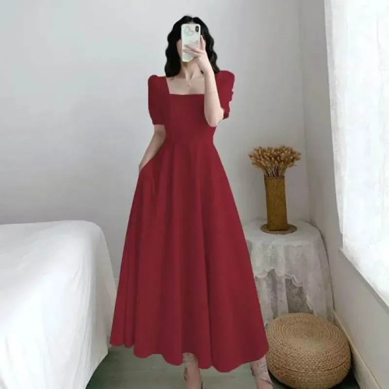 Elegant White Puff Sleeve Square Collar Dress Women's Waist-fitted Long Dress Slimming Effect Summer - Seprincess