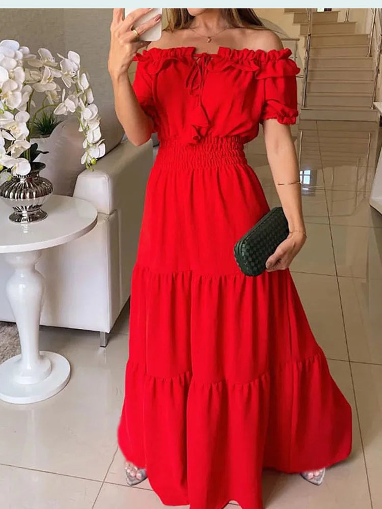 Elegant Solid Color Puff Short Sleeve Women Dress Ruffles Ong Shoulder Elastic Waistband Dresses Boho Style Robe Femme Vestidos - Seprincess