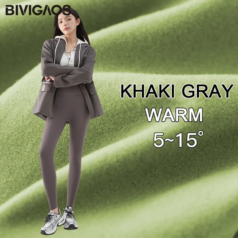 BIVIGAOS Autumn Winter Green Velvet Thickened Sharkskin Leggings Women High Waist Seamless Warm Leggings Casual Sexy Leggings