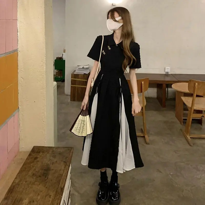 2023 New Chinese Style Dress Balck Qipao Elegant White Black Patchwork Cheongsams Youth Girl Vestidos Long Dresses Qipao - Seprincess