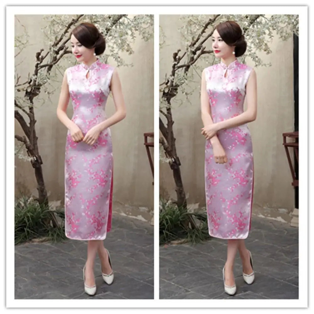 Floral Print Cheongsam Dresses Mandarin Collar Vintage Bodycon Dresses Maxi Chinese Style Chinese Qipao Evening Dress - Seprincess