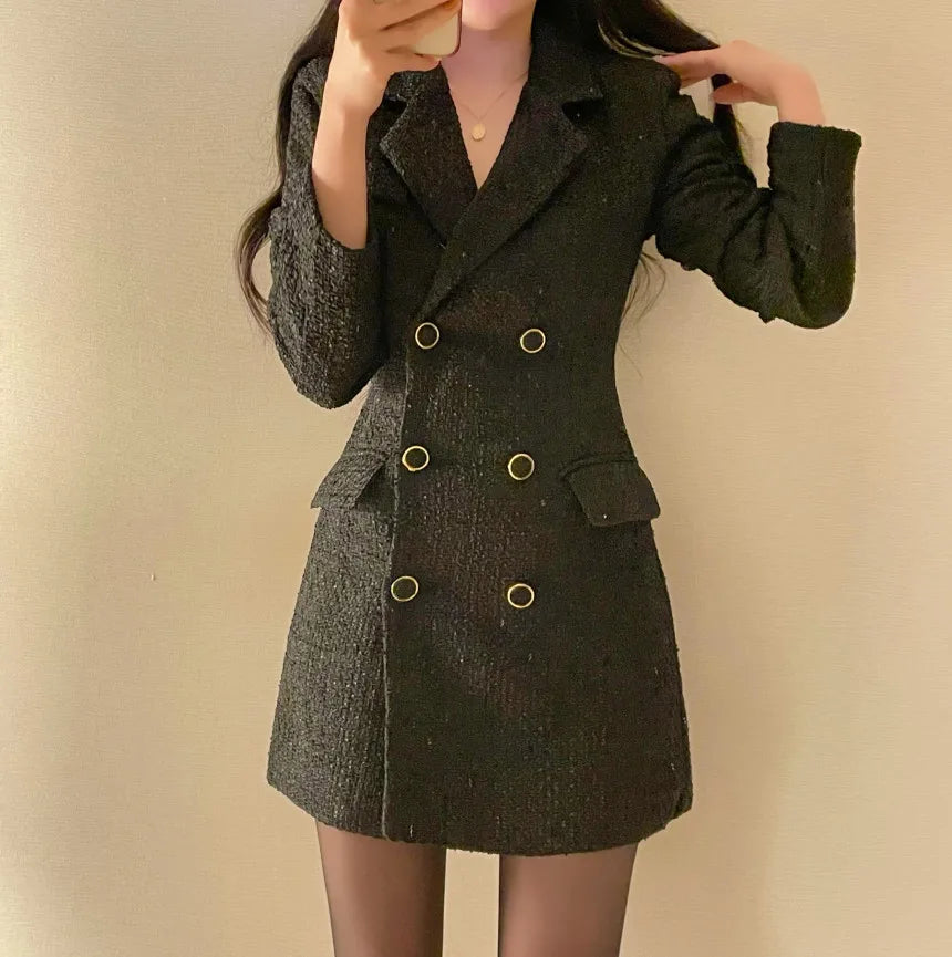 Elegant Tweed Blazer Dress Double Breasted Slim Short Dresses for Women Korean Fashion Office Lady Coat Dress Autumn Winter New - Seprincess