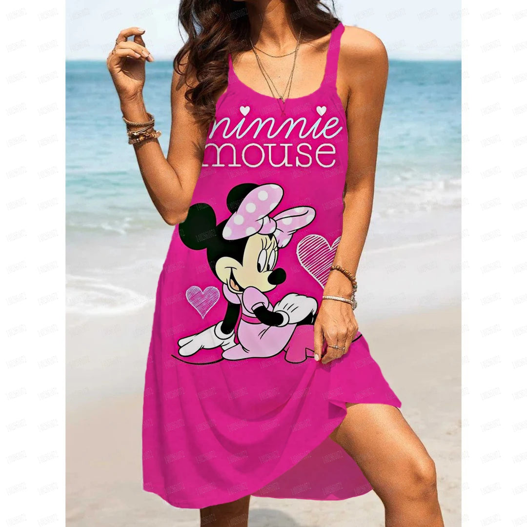 Women's Summer Casual Swinging Strap Beach Dress Disney Mickey Mouse Print Plus Size Loose Sexy Open Back Dress - Seprincess