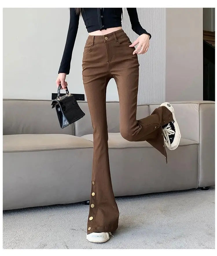 Micro-boot jeans brown buttoned design women's autumn and winter new high-waisted slim straight-leg floor mopping pants