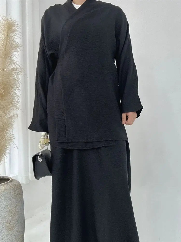 Eid Plain 2 Piece Abaya Set Tops Skirt Modest Muslim Sets Abayas For Women Clothing Robe Caftan Marocain Femme Musulmane Kaftan - Seprincess