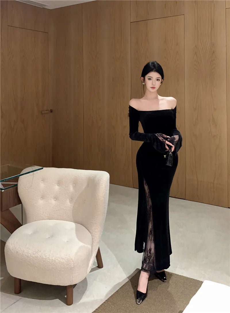 Women's Sexy Black Velvet Dress Elegant Chic Off Shoulder Lace Split Evening Party Dresses Autumn Female Bodycon Vestidos Mujer - Seprincess