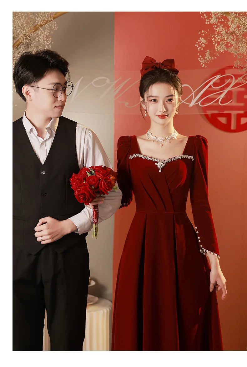 Burgundy Velvet Prom Dresses Square Collar Long Sleeve Pearl Crystal Long Engagement Dress Plus Size Female Formale Gowns - Seprincess