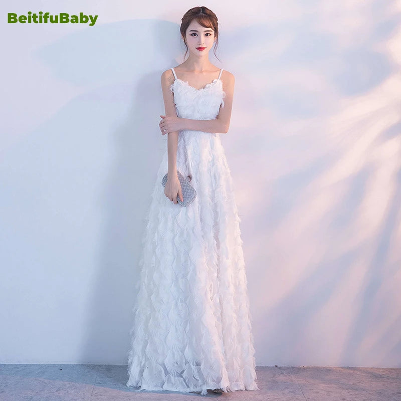 2024 Women's Wedding Party Dress Elegant Sling V-neck Sling Zipper Feather Bridesmaid Skirts Evening Dresses for Women Vestidos - Seprincess