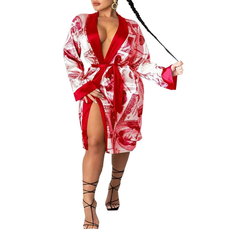 Xingqing Women Satin Robe Fashion Dollar Print Long Sleeve Silky Kimono Bathrobe Sleepwear Woman Nightwear Ladies Robes Dresses - Seprincess