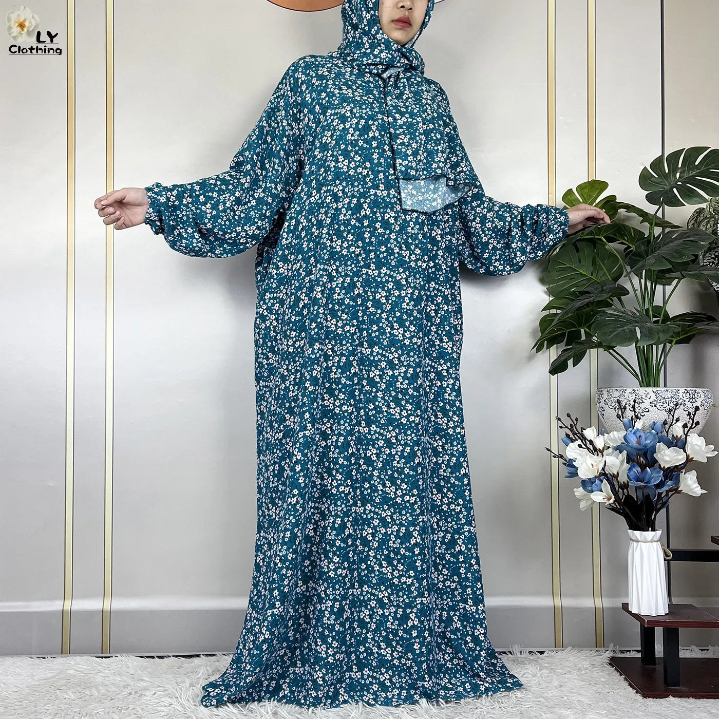 2024Latest Muslim Abayas For Women Ramadan Prayer Maxi Dubai Turkey Femme Cotton Robe Floral Loose African Dress Turban Attached