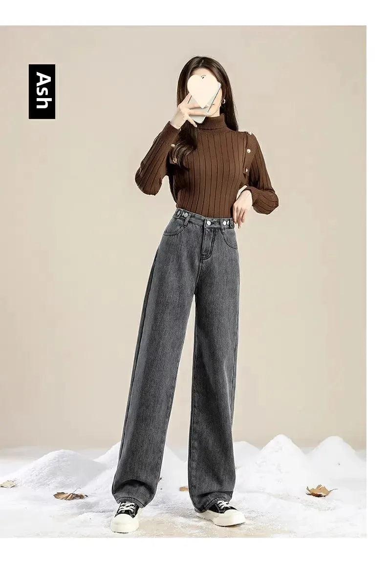 Thickened Fleece-Lined Warm Straight-Leg Jeans Design Adjustable High-Waisted Slimming Bell Bottoms Winter New Arrival