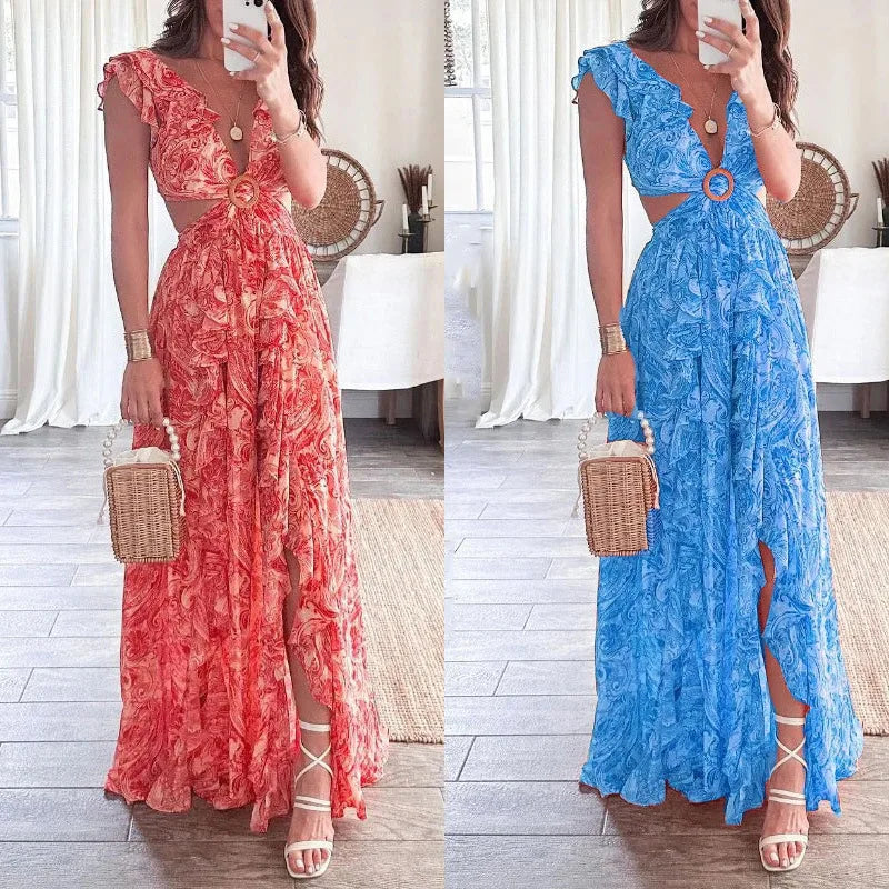 2024European And American Clothing Summer Fashion New Printed Hot Girl Style Deep V Sexy Waist-exposed Long Pleated Casual Dress - Seprincess