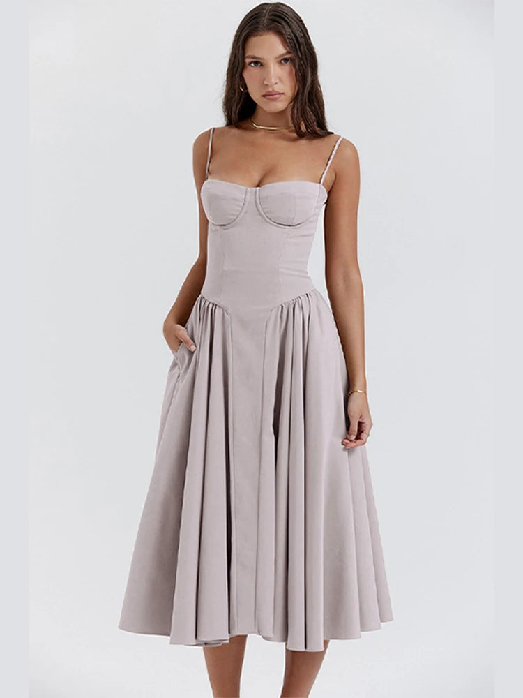 Sexy Solid Pleated Hem Sling Dress Women Fashion Midi Sleeveless Backless Dresses Female 2024 Summer Party Evening A-line Robes - Seprincess