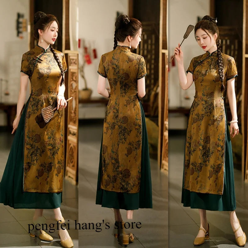 Burgundy Qipao Grace Improved Chinese Style Dresses Lady's Satin Cheongsam Summer Spring Ao Dai Flower Print Dress Oversize 4Xl