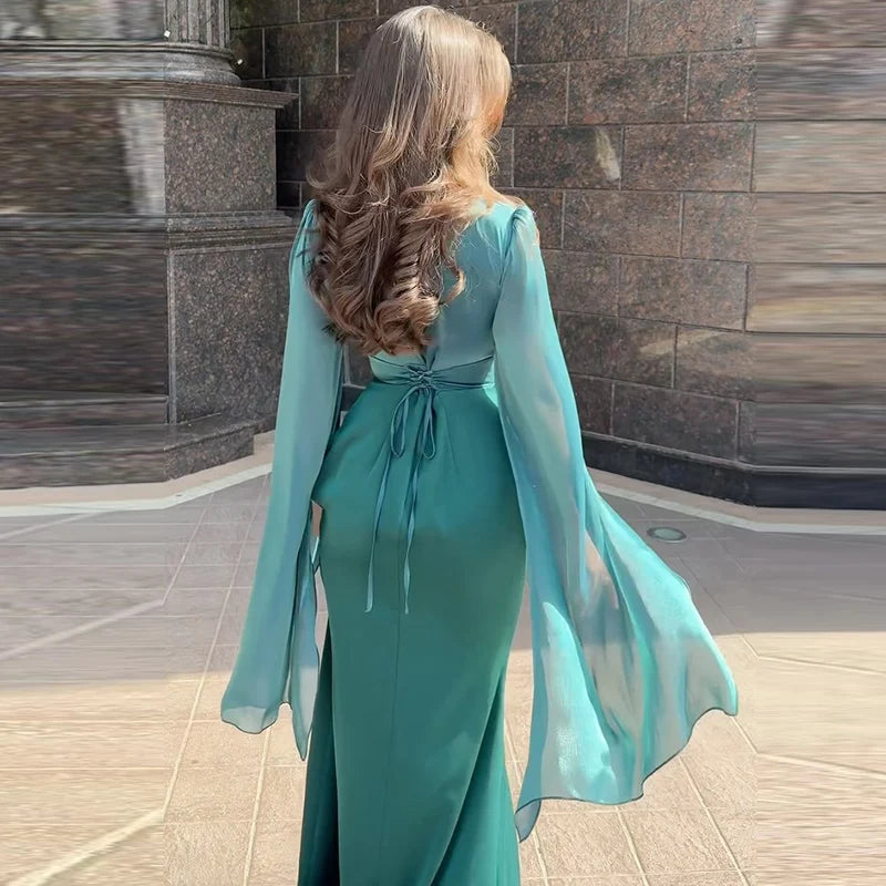 Fashion Satin Solid Robe Dress Ladies Temperament O-neck Slim Evening Dress Elegant Batwing Sleeves High Waist Pleats Long Dress - Seprincess