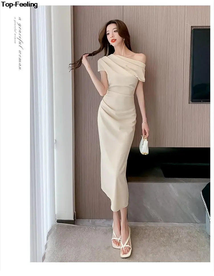 Elegant Off Shoulder Evening Party Dresses Women Summer Fashion Slim One Piece Solid Vestidos Korean Graduation Robe Clothing - Seprincess