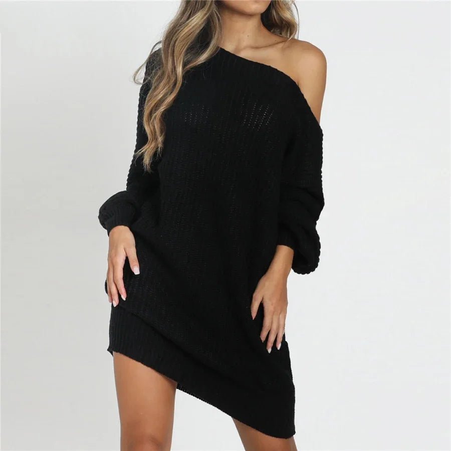 Knitted Sweater Dresses For Women Autumn Winter Loose Off Strapless Female Christmas Party Dresses - Seprincess