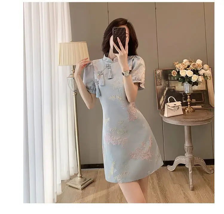 Chinese Style Elegant Cheongsams Dress Summer Women Vintage Floral Embroidery Qipao Mini Dress Lady Chic Tassels Slim Vestidos - Seprincess