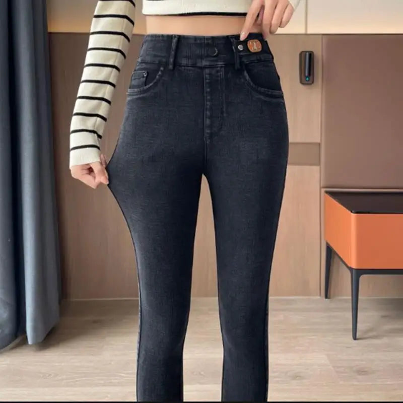 Women's Autumn And Winter Denim Jeans Thick Velvet Slim High Waist Small Leg New Black High Stretch Pencil Pants