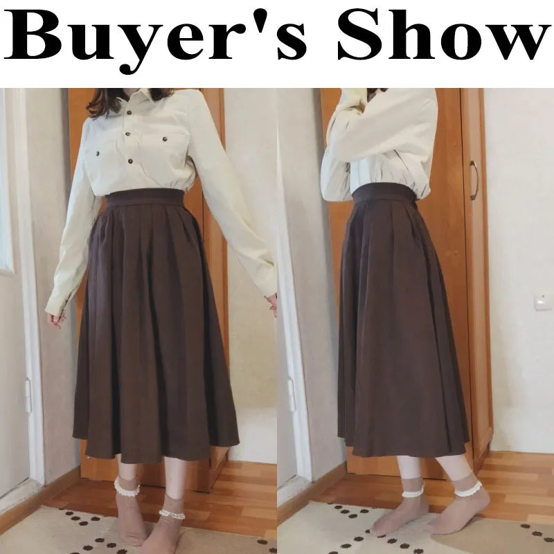 Lucyever Vintage Brown High Waist Pleated Skirt Women Korean Fashion College Style Long Skirt Ladies Autumn Casual A line Skirts - Seprincess