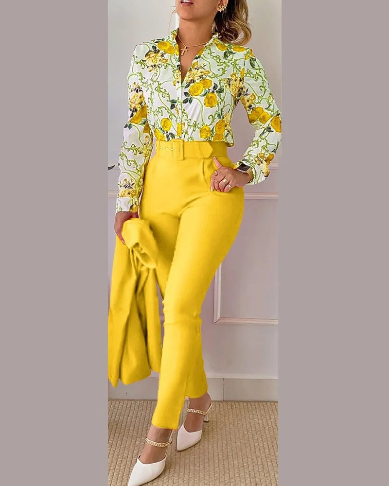 Elegant Women Printed Two Piece Suit Sets Spring Autumn V Neck Long Sleeve Shirt Top & Long Pants Set With Belt Workwear Outfits