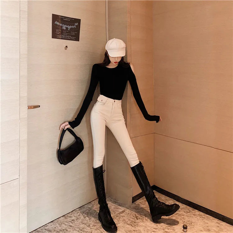 Jeans Women Spring 2023 Fashion Beige High Waist Leggings Skinny Label Pencil Pants Boots Pants