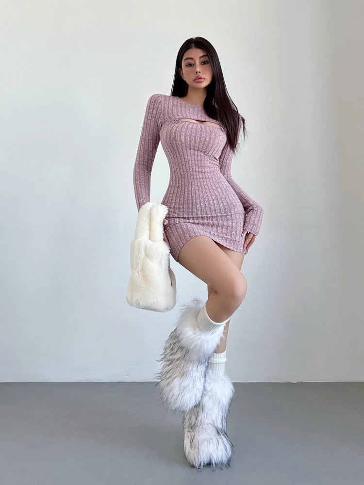 WOMENGAGA Chest Zipper Knitted Dress Elegant Women's 2024 Spring Slim Long Sleeve Wrapped Hip Mini Dress Sweater Tops 2024 D0DO