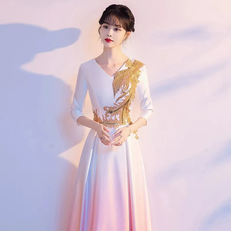 Fashion Gradient Evening Party Dress Cheongsam Sexy V-Neck Long Vestidos Host Choir Performance Dresses Female Oversize Qipao - Seprincess