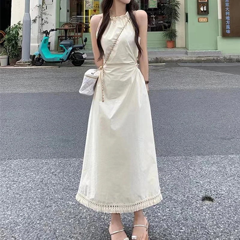 Fashion and Casual Summer Halter Hollow Sleeveless Tassel Solid Color Simple and Generous Hem Holiday Beach Women's Long Dress - Seprincess