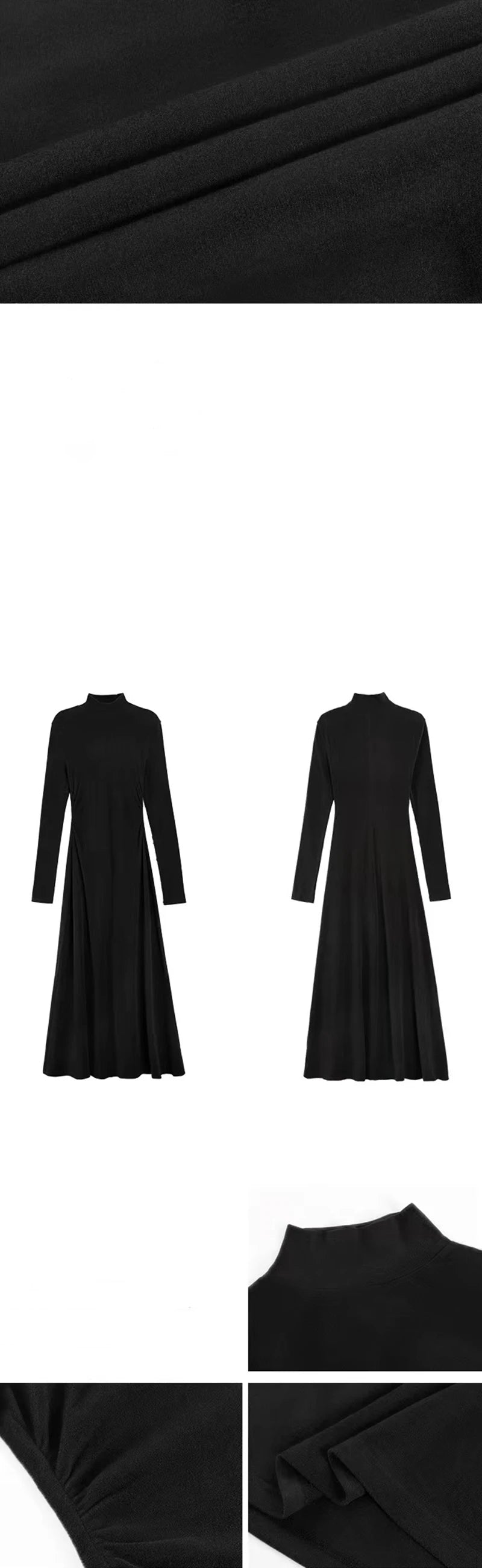 Autumn Half Turtleneck Dress Women Korean Elegant Black Hepburn Style Midi Dress Y2K High Waist Long Sleeve Warm A Line Vestidos - Seprincess