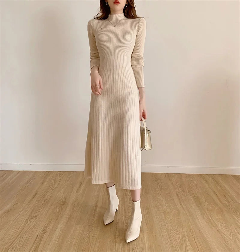 Autumn Winter 2024 Slim Long Sleeve Party Midi Dress for Women Knitted Half High Collar Elegant Knitted Sweater Dresses Ladies - Seprincess