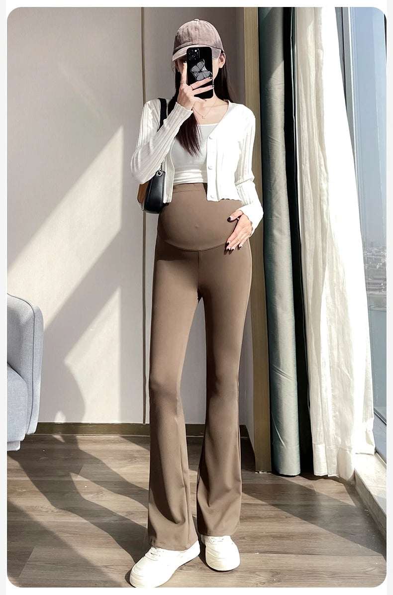 Spring Autumn Maternity Flare Pants Thin Summer Belly Trousers High Waist Pregnant Womens Shark Skin Leggings Pregnancy Boot Cut