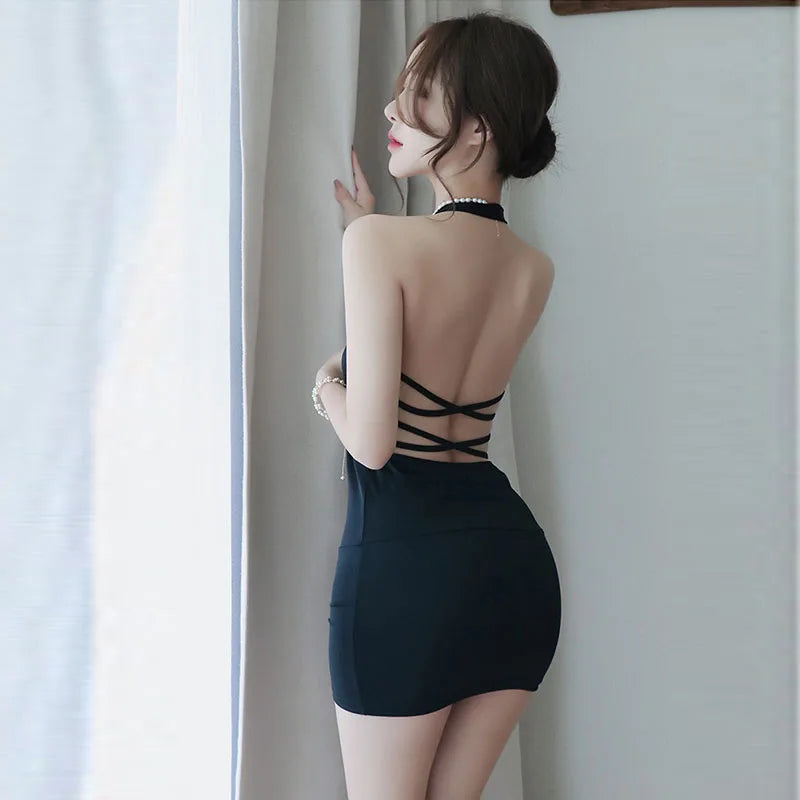 Summer New Women Sexy Dress Deep V-Neck Slim Hot Backless Mini Dress Female Bandage Halter Patchwork Mini Vestidos - Seprincess