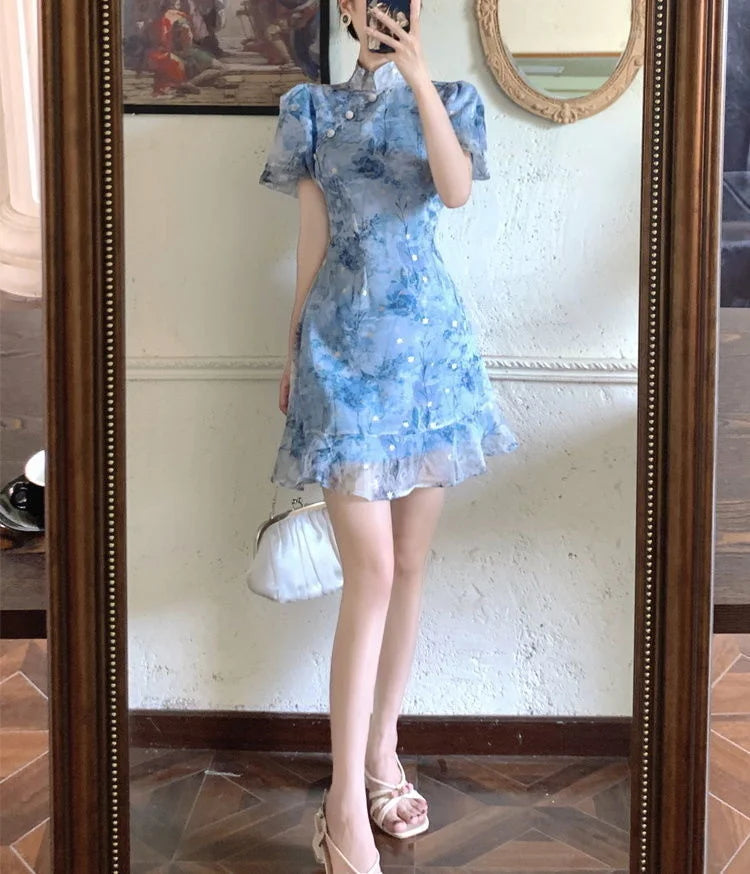 Summer French Short Sleeve Modern Chinese Dress Improvement Cheongsam Girl's Blue Print Fashion Dresses Qipao - Seprincess