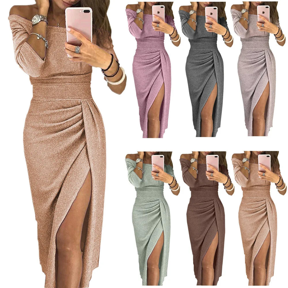 2023 New Women's Off Shoulder Long Sleeve Bodycon Evening Party Long Dress Asymmetrical Split Pencil Dresses S M L XL XXL - Seprincess