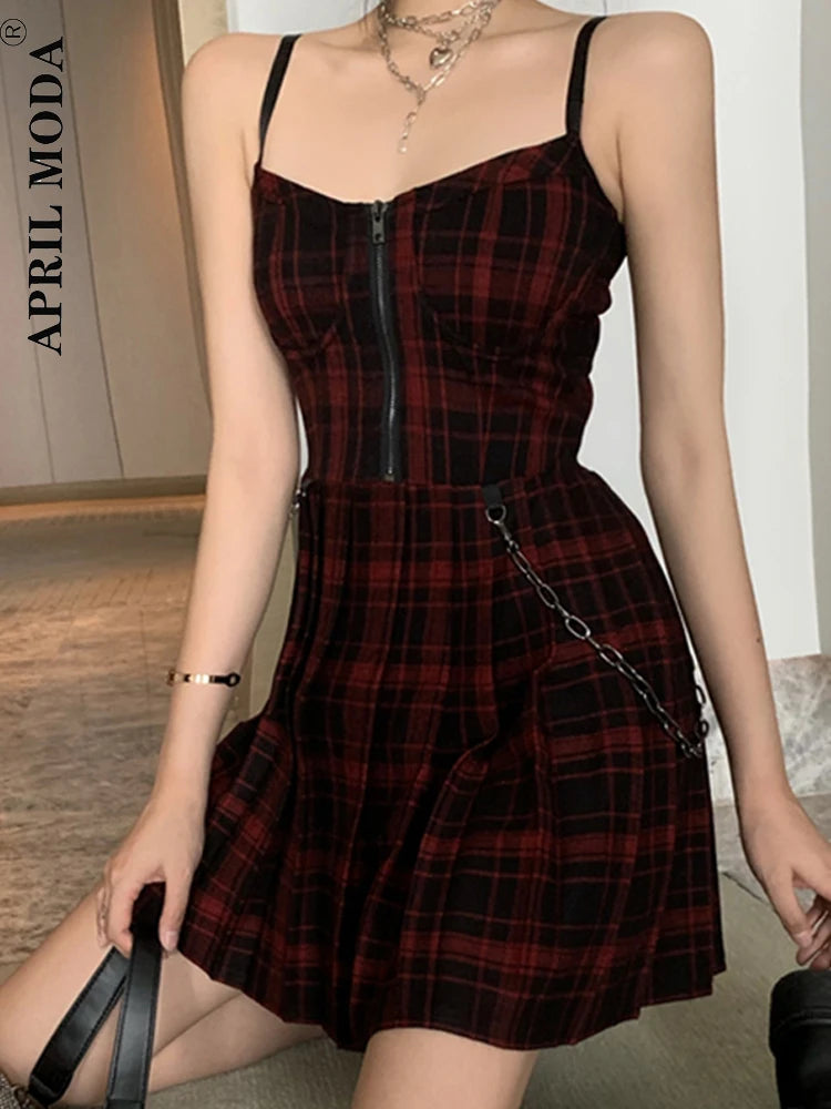 Gothic Girls Red Plaid Pleated Emo Alt Dress Y2K Zip Up Robe Femme Punk Black Spaghetti Strap Mini Short Jurken Goth Streetwear - Seprincess